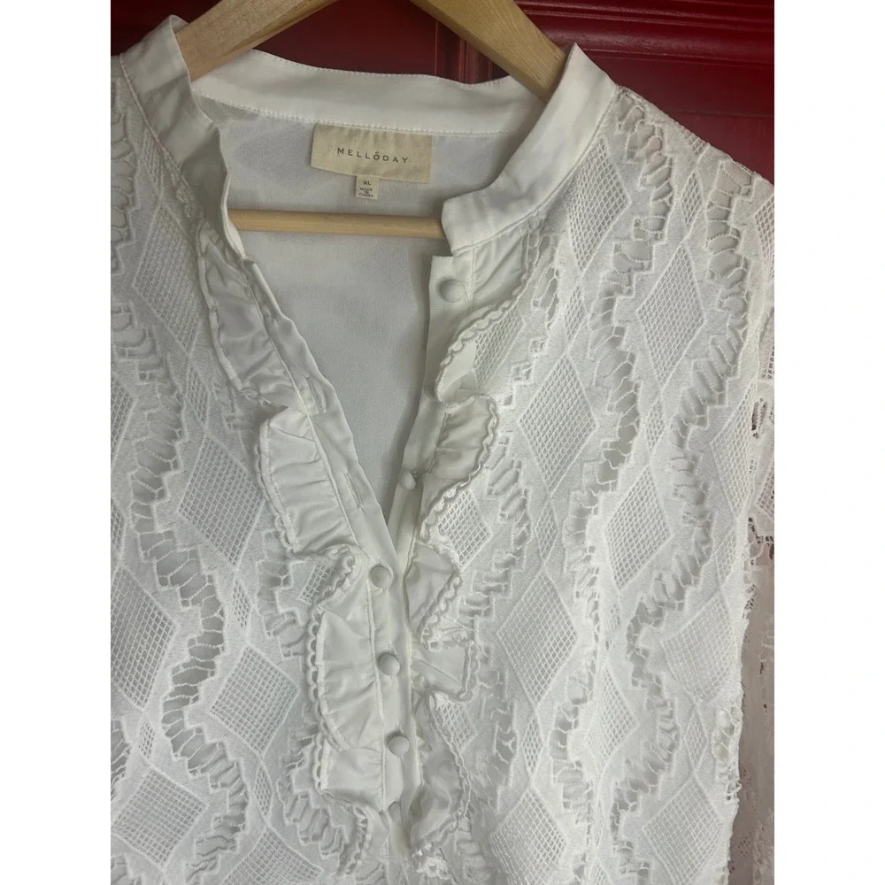 Melloday‎ Lace Mini Dress White Ruffle Long Sleeve Bridal Baby Shower Boho XL